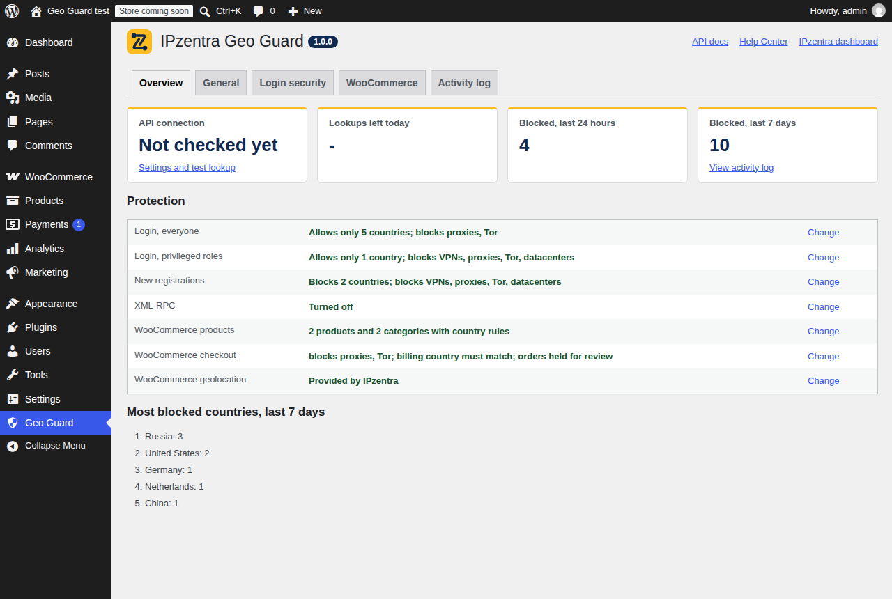 Overview screen of IPzentra Geo Guard with connection status and blocked attempts