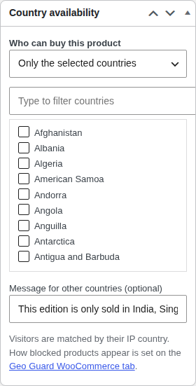 Country availability box on a WooCommerce product